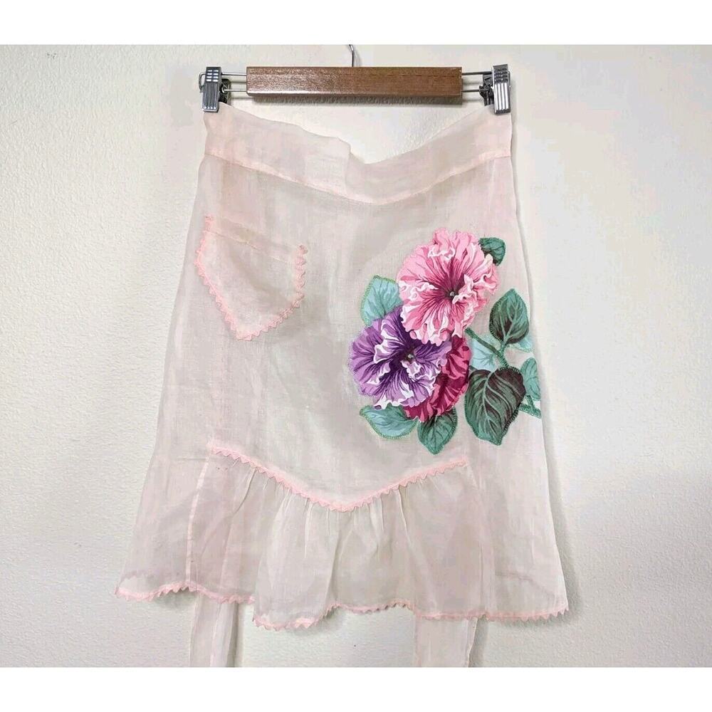 Vintage Apron Sheer Frilly Feminine Sheer Pink Organza w Pockets 50s Trad Wife